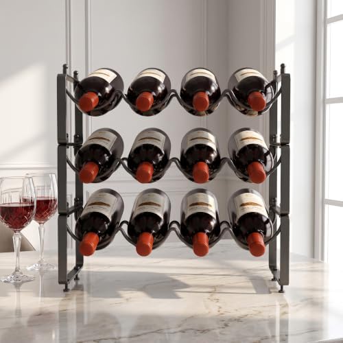 TONLEA Stackable Water Bottle Organizer Holder, Wine Rack,3-Tier 12 Bottles Wine Storage Cabinet Shelf, Wine Racks Countertop for Pantry,Kitchen