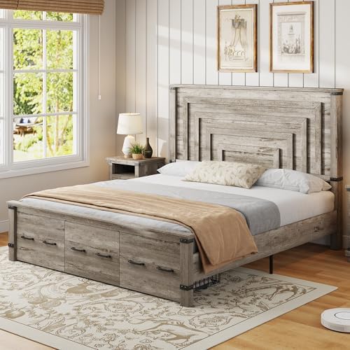 AMERLIFE 5 Pieces Farmhouse Bedroom Set, Includes Rustic King Bed Frame with 51" Tall Headboard, 6 Drawer Dresser, 5 Drawer Tall Chest, Nightstands Set of 2 with Charging Station, Rustic Grey