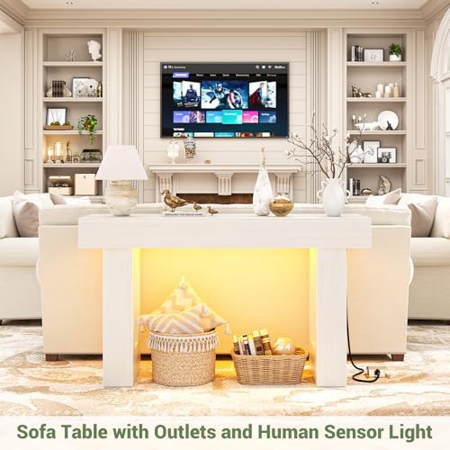 Unikito 47" Entryway Table with Socket & Sensor Light, Rustic White