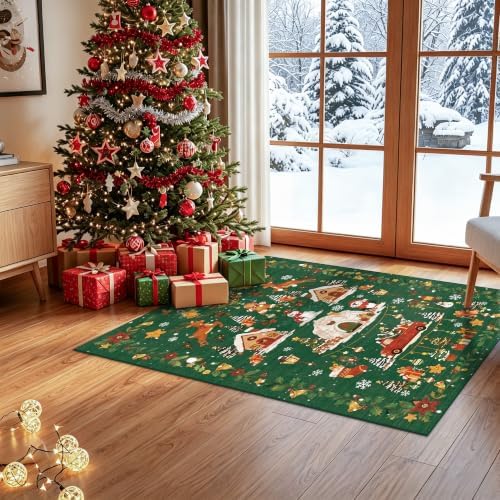 Christmas 2x3 Entryway Area Rug - Non Slip Washable Winter Green Doormat Indoor Soft Low Pile Decorative Floor Mat for Kitchen Bathroom Living Room Bedroom Holiday Home Decor Gift（2x3，Green ）