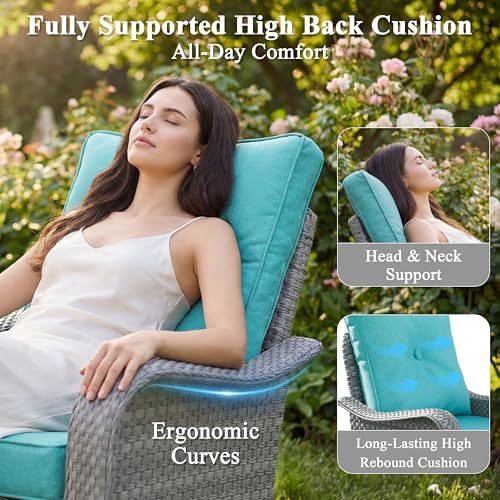 2-Seat Modern Patio Furniture Set with Swivel Rocking Chairs, Thick 4″ Cushions, Dual-Strand Wicker Rattan, Rust-Resistant Steel Frame – Outdoor Conversation & Modular Sectional,Blue