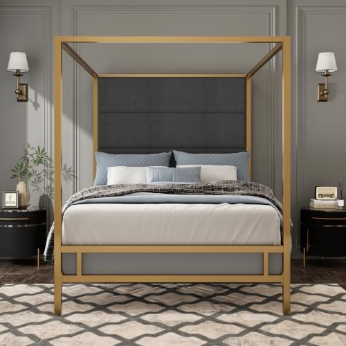 Merax Queen Canopy Bed Frame with Tall Linen Headboard, Metal 4 Poster Bed