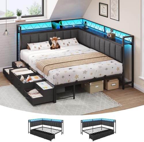 DICTAC Corner Queen Bed Frame with 6 Storage Drawers and Upholstered Guardrail, Queen Size Platform Bed Frame with Storage Shelves,Charging Station & RGB Led Lights,Modern Daybed for Teens Adult,Grey