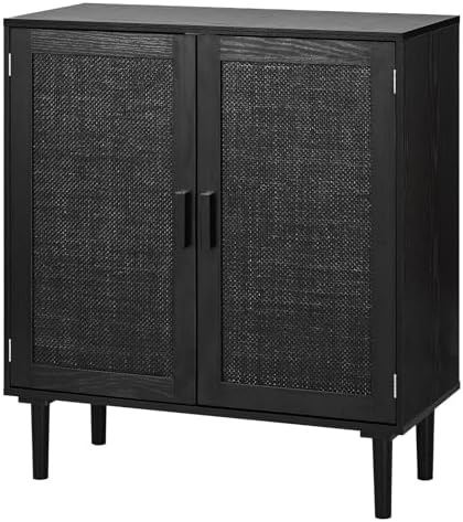 VEVOR Buffet Cabinet, Rattan Sideboard Cabinet with 2 Magnetic Doors and Adjustable Shelves, Accent Sideboard Buffet with Wooden Legs & Power Cord Hole for Hallway, Entryway, Kitchen, Black