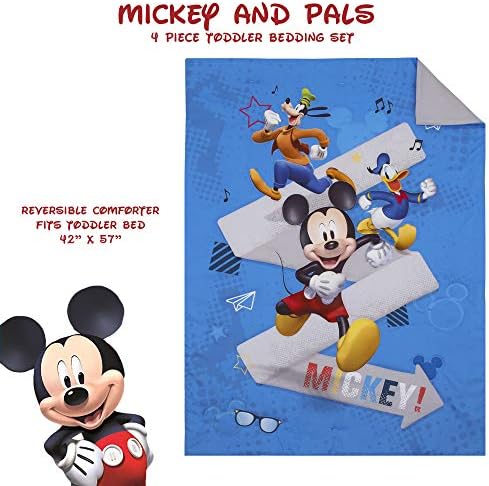Disney Mickey Mouse and Pals 4 Piece Toddler Bedding Set - Fitted Sheet, Pillow Case, Top Sheet, and Comforter Quilt - Blue