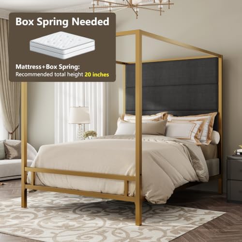 Merax Queen Canopy Bed Frame with Tall Linen Headboard, Metal 4 Poster Bed