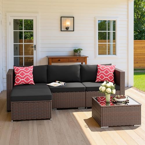 Aiho 5 Pieces Patio Furniture Sets, All-Weather PE Rattan Outdoor Patio Furniture with Cushions and Glass Table, for Garden, Backyard, Porch, Black