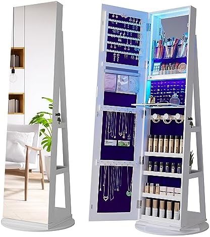 360° Swivel Jewelry Cabinet Organizer with Lights, Full Length Mirror with Jewelry Storage, Lockable Standing Jewelry Armoire Organizer, Mirror Jewelry Cabinet with Inside Makeup Mirror (White)