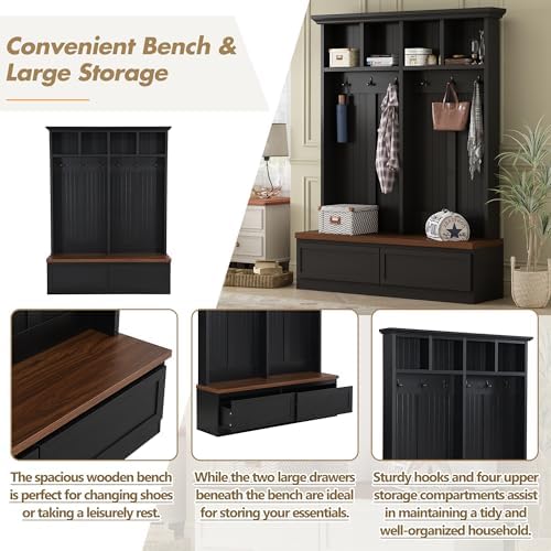 Merax Farmhouse Wood Hall Tree with Bench and Storage Drawers, 4-in-1 Coat Rack with 6 Hooks for Entrance, Hallway Black
