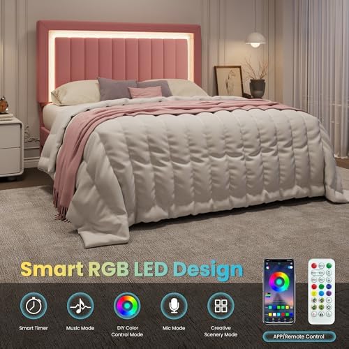 SHA CERLIN Queen Size Velvet Bed Frame with LED Light, Pink