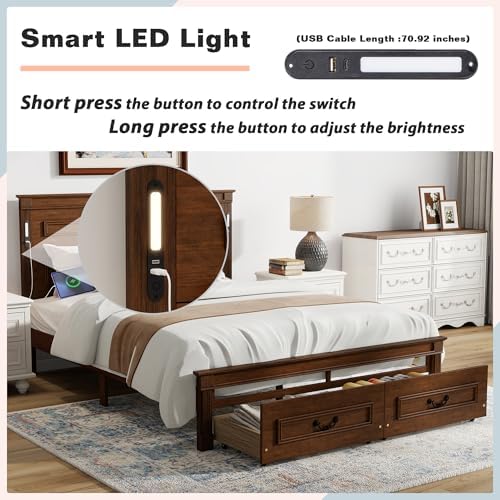 Queen Size Bed Frame with 2 Storage Drawers & Tall-Panel Headboard