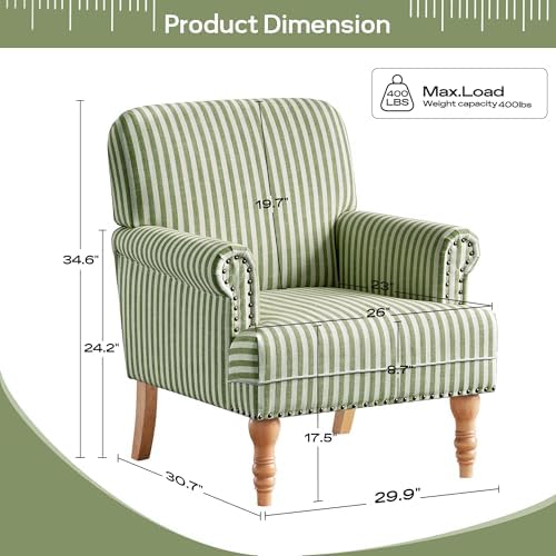 HUIMO Linen Fabric Accent Chair, Mid-Century Modern Upholstered Armchair with Solid Wood Legs, Comfy Reading Club Chair for Living Room Bedroom (2, Green and White Stripe)