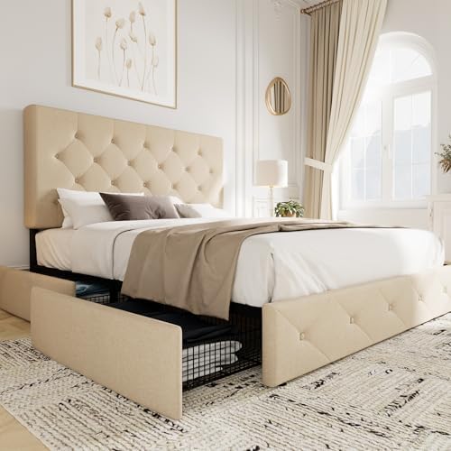 Allewie Full Size Storage Bed Frame with 4 Underbed Drawers, Upholstered Platform Bed with Adjustable Headboard, Diamond Button Tufted, Easy Assembly, Noise-Free, No Box Spring Needed, Beige