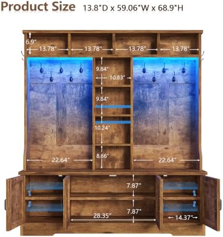 CSZZD Large Hall Tree with Bench and Shoe Storage, Coat Rack with LED Light