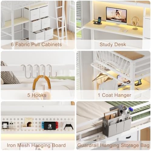 Decofy Twin Loft Bed with Desk and 6 Storage Drawers, Metal Twin Size Loft Beds with Charging Station & LED Lights, Bed Frame with Hanging Rod, Safety Ladder & Guardrail, Bedside Caddy for Kids, Teens