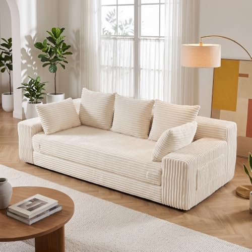 Boneless Couch for Living Room, 3 Seater Convertible Sofa Bed in Box, Beige