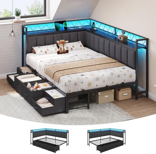 Full Corner Bed Frame with Storage Shelves, 6 Drawers,Charging Station,Grey
