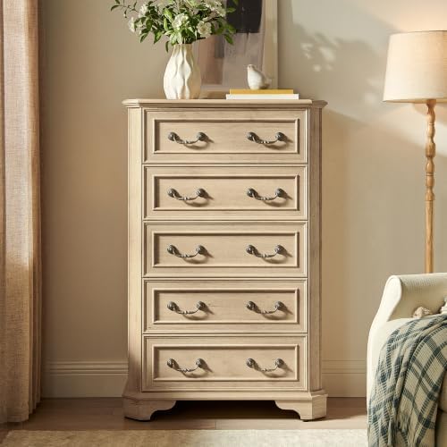 T4TREAM Farmhouse 5 Drawers Dresser for Bedroom, 48" Tall Wood Rustic Chest of Drawers with Natural Texture, Vintage Design, Storage Dressers Organizer for Bedroom, Living Room, Hallway, Natural Oak