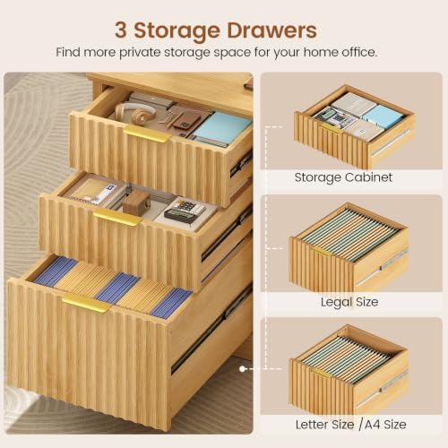 SEDETA 70.9" Executive Desk, Fluted Office Desk with Drawers, Fluted Oak