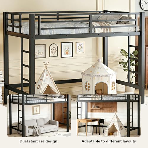 Bellemave Twin XL Size Loft Bed Frame with 2 Ladder, Sturdy Metal Construction & High Guardrail, Space Saving Twin XL Loft Bed for Kids, No Box Spring Needed, Safe for Adults, Teens, Dorms, Black