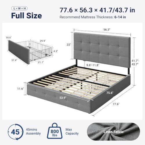 Allewie Full Size Storage Bed Frame with 4 Underbed Drawers, Upholstered Platform Bed with Adjustable Headboard, Square Button Tufted, Easy Assembly, Noise-Free, No Box Spring Needed, Light Grey