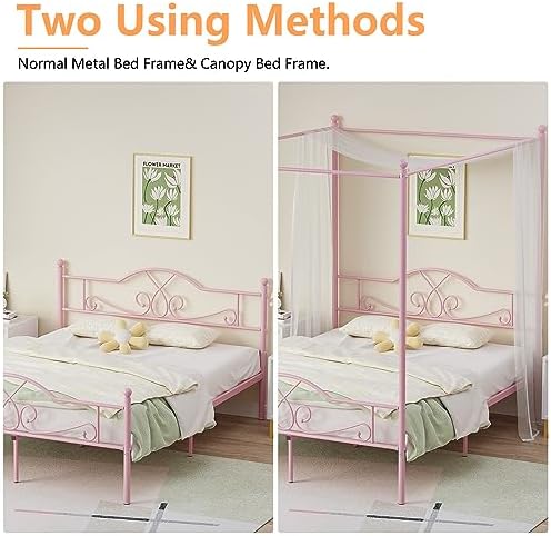 Full Canopy Bed Frame with 4 Posters, Full Size Bed for Kids Girls Adults