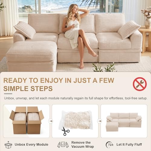 Upgraded Boneless Couch with Storage, Sectional Couches for Living Room, L-Shaped Modular Cloud Corduroy Sofa with Ottoman & Pillows, Oversized Deep Seat Memory Foam Couch, No Assembly, 107" L(Beige)