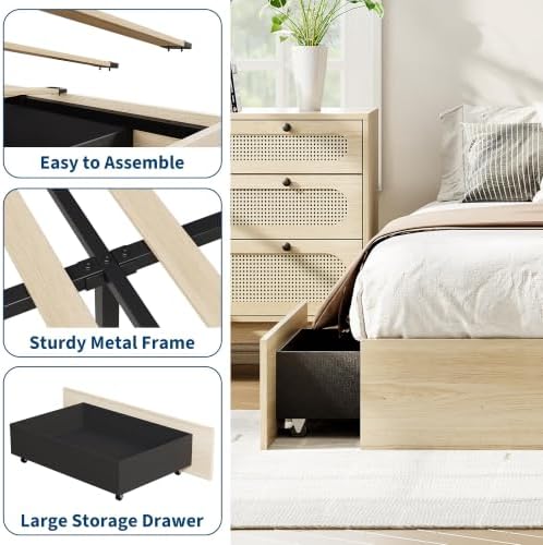 GarveeHome Wood Platform Bed Frame, Queen Bed Frame with 2 Drawers