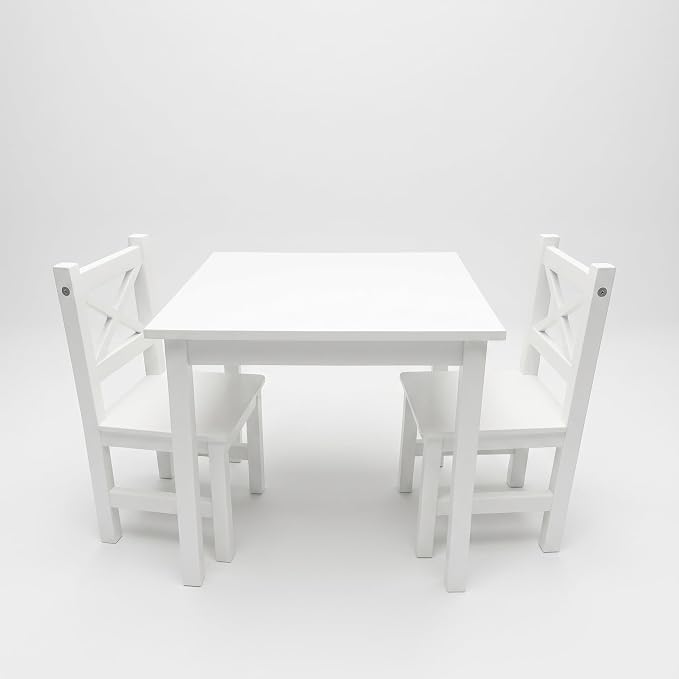 PETIT BATEAU Solid Wood Kids Table & 2 Chairs Set,Ages 2-8,Whitecolor