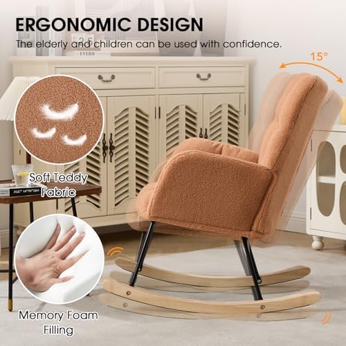 Nursery Rocking Chair, Teddy Upholstered Glider Chair with Thick Cushion, Tufted Gliding Rocker Chair with Wood Leg, Cozy Rocking Armchair, Accent Rocking Chair for Living Room (Kahaki)