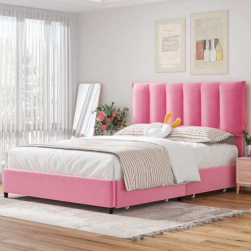 VECELO Queen Upholstered Bed Frame with 4 Storage Drawers and Adjustable Velvet Headboard, Heavy-Duty Platform bedframe, No Box Spring Needed, Pink