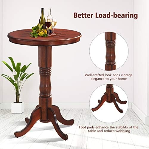 GIANTEX Round Dining Table, 30" D X 41.5" H, Wooden Pub Pedestal Side Table W/Chessboard, Adjustable Foot Pads, Multi-Purpose Dinner Table for Small Space, Kitchen, Dining Room, Restaurant, Walnut