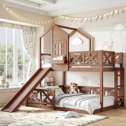 Twin Over Full House Bunk Bed with Slide, Wood Playhouse Loft Bunk Bed Frame with X-Shaped Safety Guardrails, Window & Storage Space, Space-Saving, No Box Spring Needed, Natural