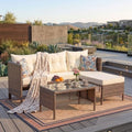 5 Piece Outdoor Sectional Patio Furniture Sets, All Weather Outdoor Wicker Rattan Patio Conversation Set, Patio Seating Sofas with Cushions, Lumbar Pillows and Tempered Glass Table