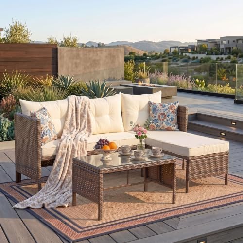 5 Piece Outdoor Sectional Patio Furniture Sets, All Weather Outdoor Wicker Rattan Patio Conversation Set, Patio Seating Sofas with Cushions, Lumbar Pillows and Tempered Glass Table
