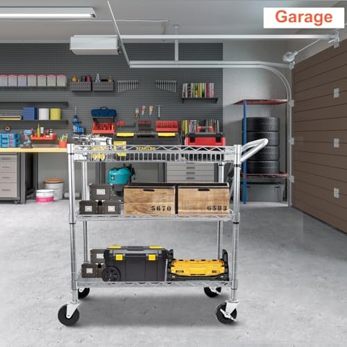 BolDuck Heavy Duty Utility Cart, 990Lbs Capacity 3 Tier Rolling Carts with Wheels, Kitchen Cart on Wheels with Storage, Commercial Grade Metal Serving Carts with Wire Shelving &Handle Bar, Silver
