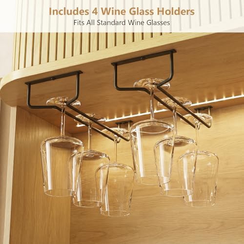 ONBRILL 71" Tall Fluted Wine Bar Cabinet with Storage Oak