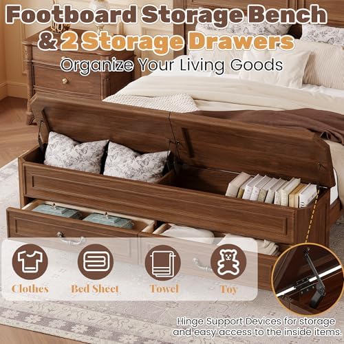 Farmhouse Queen Bed Frame with Tall Headboard, Rustic Solid Wood Platform Bed Queen Size with Storage Bench and 2 Large Drawers, No Squeak, No Box Spring Needed, Walnut