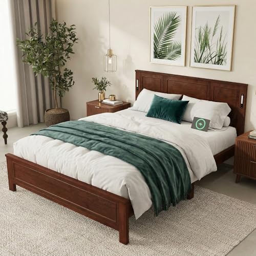 Queen Bed Frame with Tall Headboard & Footboard, Farmhouse Solid Wood Platform Bed Frames Queen Size with LED Lights & USB Charging Station,No Box Spring Needed, Walnut