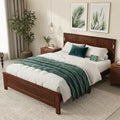 Queen Bed Frame with Tall Headboard & Footboard, Farmhouse Solid Wood Platform Bed Frames Queen Size with LED Lights & USB Charging Station,No Box Spring Needed, Walnut