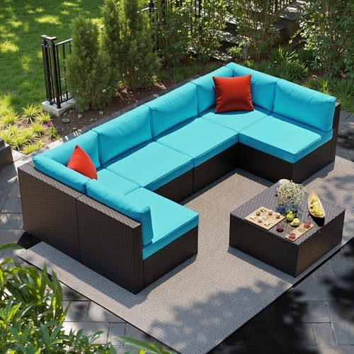 Shintenchi 7 Pieces Patio Furniture Sets Outdoor All-Weather Sectional Patio Sofa Set PE Rattan Manual Weaving Wicker Patio Conversation Set with Glass Table&Ottoman Cushion and Red Pillows, Blue