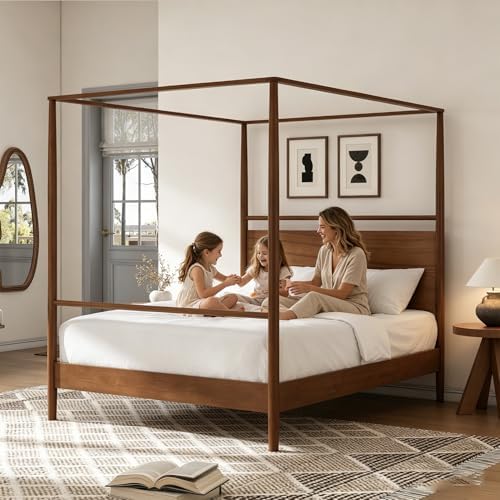 King Size Wood Canopy Bed Frame, Walnut Vintage Four-Posters Frames