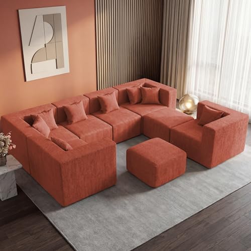 MONVANE Modular Sectional Sofa, Oversized 8 Seat Convertible U Shaped Couch with Ottoman, Comfy Chenille Cloud Couch with Deep Seat, Sectional Couches for Living Room, No Assembly Required, Rust Red