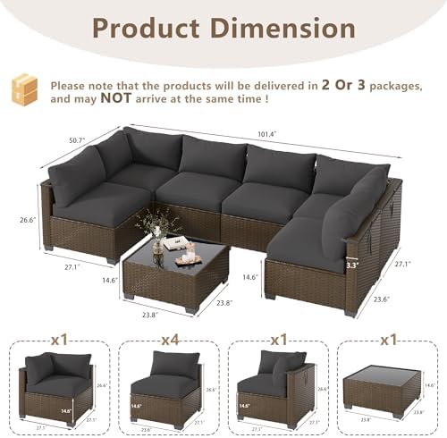 LOUVIXA 7 Piece Outdoor Patio Furniture Set, Outdoor Sectional Sofa, Wicker Rattan Patio Furniture, Patio Conversation Set with Coffee Table & Cushions