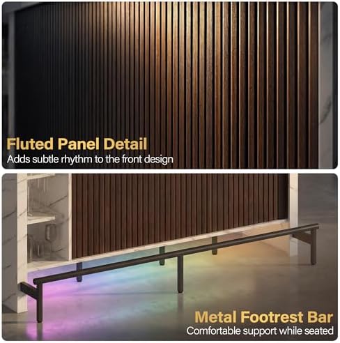 62" Sliding Top Expandable Bar Table with LED Lights, Counter Height Home Bar Cabinet with Shelves & Storage, Marble Finish Modern Bar Island for Kitchen, Living Room, Basement