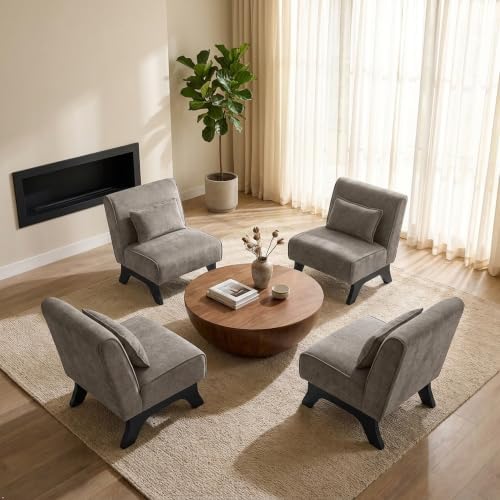 Upholstered Armless Accent Chair Set of 4,Modern Comfy Living Room Chairs with Wooden Legs& Pillows,Lounge Sofa Side Chair for Bedroom Farmhouse Reading (4 PCS, Deep Brown)