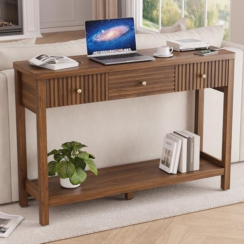 Decofy 47'' Fluted Console Table with Charging Station & 3 Drawers, Walnut