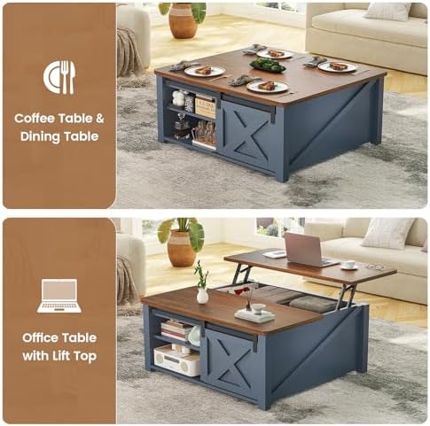 SEDETA 31.5" Lift Top Coffee Table with Storage, Square Coffee Tables for Living Room, Farmhouse Coffee Table with Large Hidden Storage Compartment and Adjustable Shelves, Blue