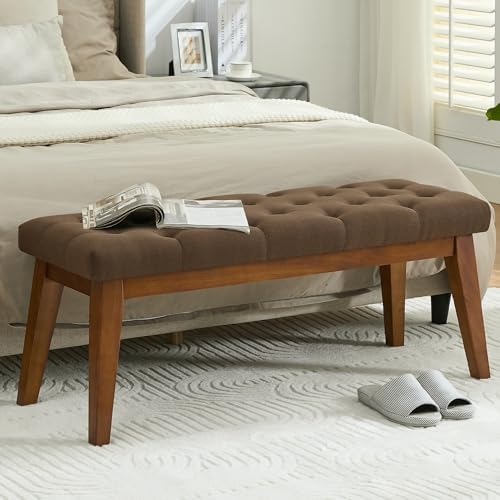 WUTUTUEE 43.5'' Linen Bedroom Bench, Upholstered End of Bed Bench with Tufted Button, Padded Vintage Dining Bench, Entryway Bench with Solid Wood Legs, Kitchen, Living Room, Hallway, Brown Tufted