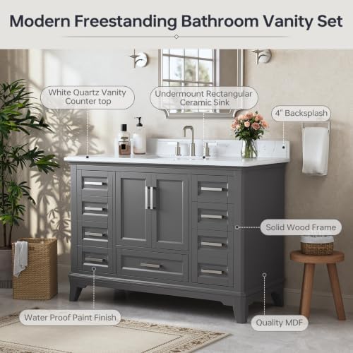 48 Inch Fully Assembled Bathroom Vanity with Sink, Grey | Modern Solid Wood Freestanding Bathroom Vanity Set, Quartz Top & Backsplash, Soft-Close Doors, Dovetail Drawers, Bath Upgrade